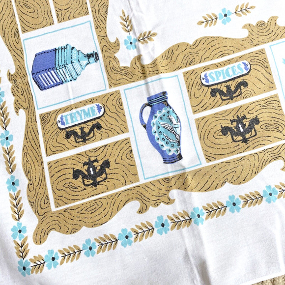 Vintage Mid Century Cotton Tablecloth Colonial Motif Blue & Tan 40" X 50" Flaw - Picture 3 of 10